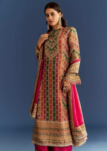 Pink Tissue Kurta With Organza Palazzo And Dupatta