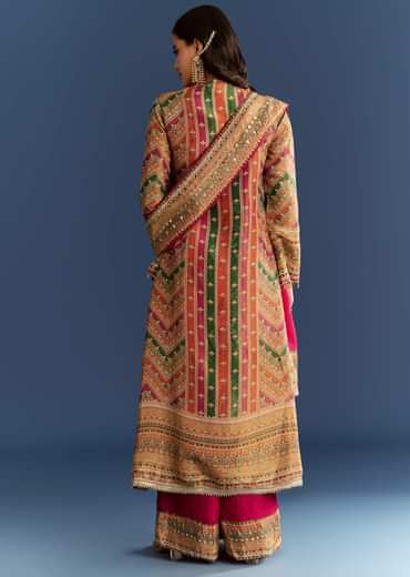 Pink Tissue Kurta With Organza Palazzo And Dupatta