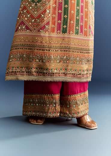 Pink Tissue Kurta With Organza Palazzo And Dupatta