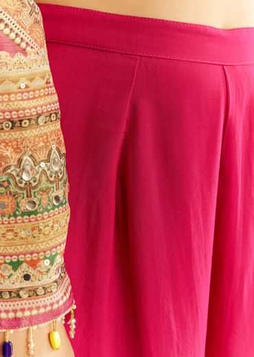 Pink Tissue Kurta With Organza Palazzo And Dupatta