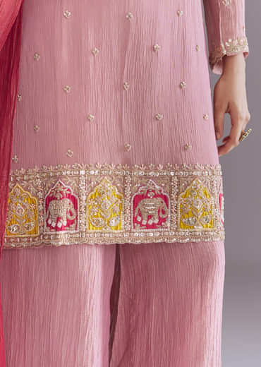 Pink Tissue Palazzo Suit With Embroidery And Contrast Dupatta