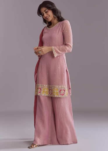 Pink Tissue Palazzo Suit With Embroidery And Contrast Dupatta