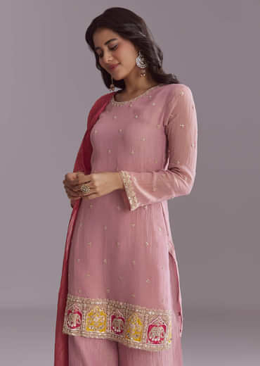 Pink Tissue Palazzo Suit With Embroidery And Contrast Dupatta