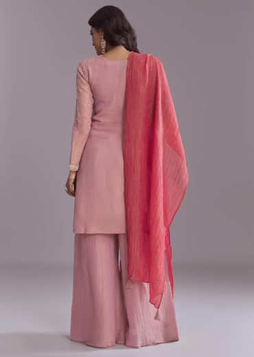 Pink Tissue Palazzo Suit With Embroidery And Contrast Dupatta