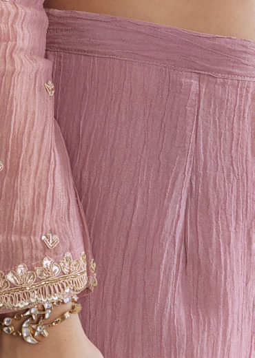Pink Tissue Palazzo Suit With Embroidery And Contrast Dupatta