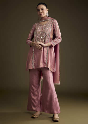 Pink Tissue Palazzo Suit With Mirror And Zari Embroidery