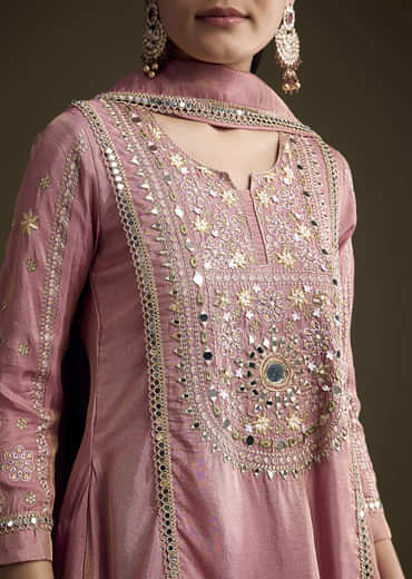 Pink Tissue Palazzo Suit With Mirror And Zari Embroidery
