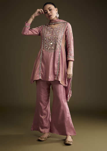 Pink Tissue Palazzo Suit With Mirror And Zari Embroidery