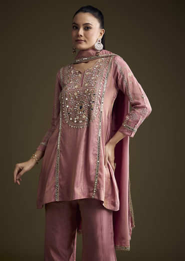 Pink Tissue Palazzo Suit With Mirror And Zari Embroidery