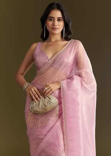 Pink Tissue Saree With All Over Stone Embellishment And Cutdana Scallop Border