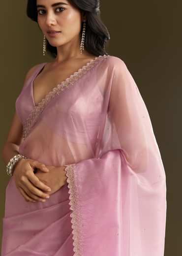 Pink Tissue Saree With All Over Stone Embellishment And Cutdana Scallop Border