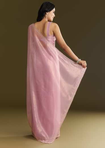 Pink Tissue Saree With All Over Stone Embellishment And Cutdana Scallop Border