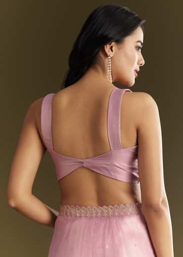 Pink Tissue Saree With All Over Stone Embellishment And Cutdana Scallop Border