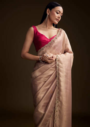 Pink Tissue Saree With Cutdana And Mirror Embroidery