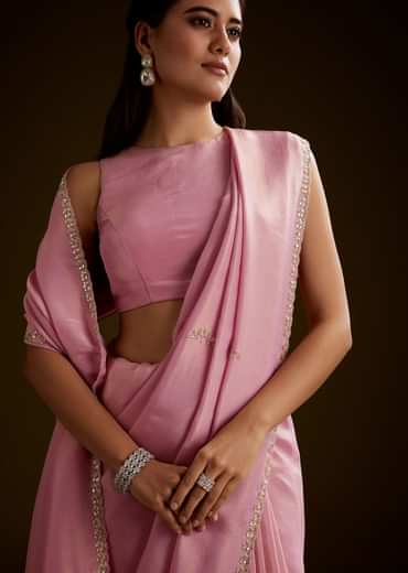 Pink Tissue Saree With Cutdana Embroidery And Scallop Border