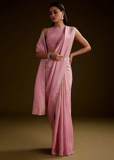 Pink Tissue Saree With Cutdana Embroidery And Scallop Border