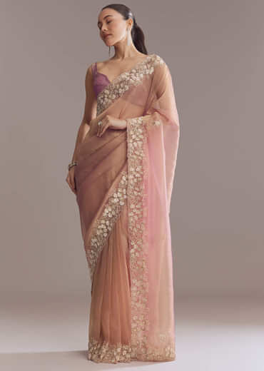 Pink Tissue Saree With Heavy Floral Embroidered Border