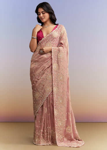 Pink Tissue Saree With Heavy Hand Embroidery