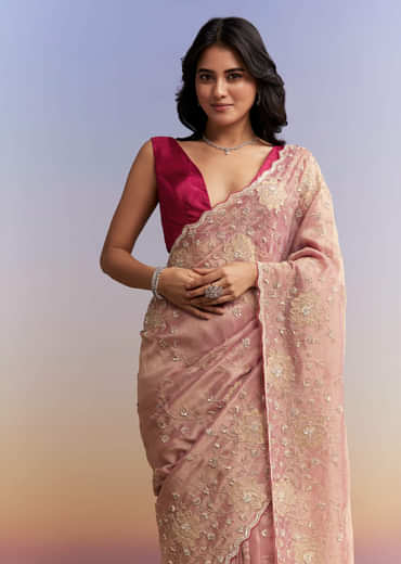 Pink Tissue Saree With Heavy Hand Embroidery