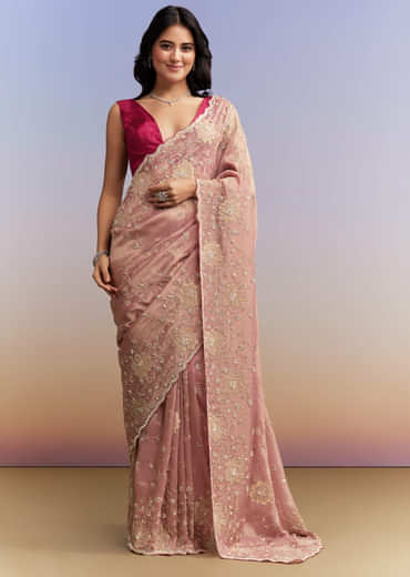 Pink Tissue Saree With Heavy Hand Embroidery