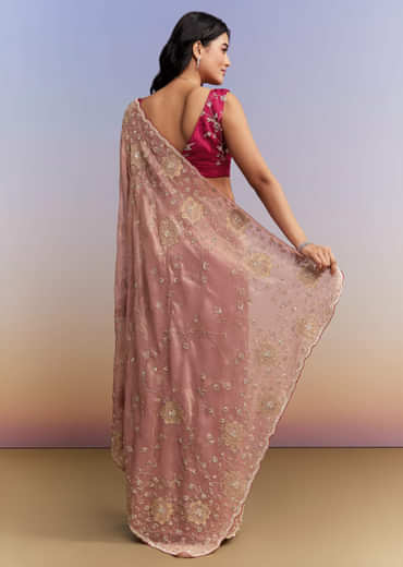Pink Tissue Saree With Heavy Hand Embroidery
