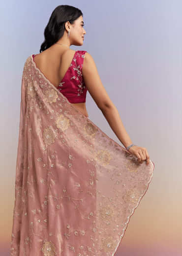 Pink Tissue Saree With Heavy Hand Embroidery
