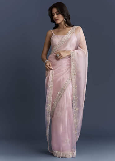 Pink Tissue Saree With Heavy Floral Hand Embroidery