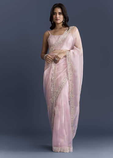 Pink Tissue Saree With Heavy Floral Hand Embroidery