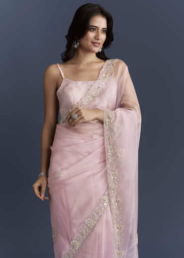 Pink Tissue Saree With Heavy Floral Hand Embroidery