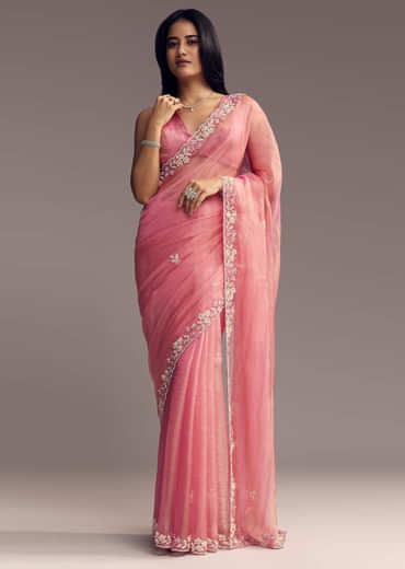 Pink Tissue Saree With Sequins And Floral Border