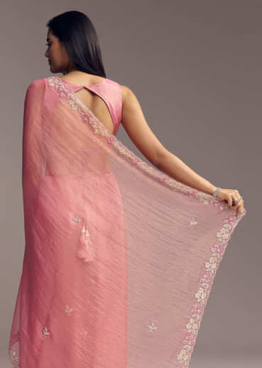 Pink Tissue Saree With Sequins And Floral Border