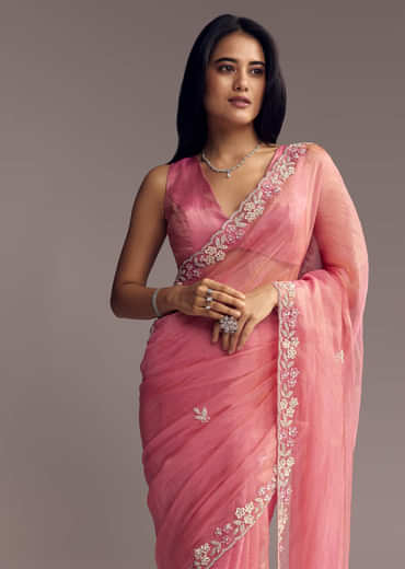 Pink Tissue Saree With Sequins And Floral Border