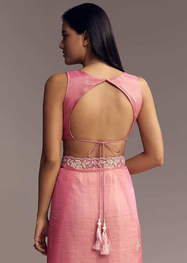 Pink Tissue Saree With Sequins And Floral Border