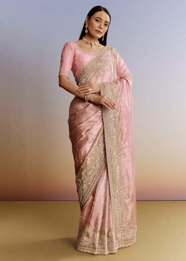 Pink Tissue Saree With Zardosi Moti And Cutdana Blouse