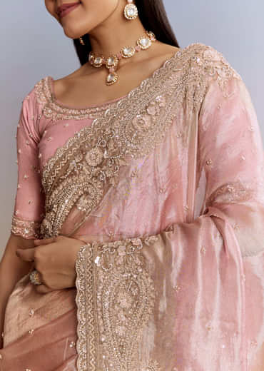 Pink Tissue Saree With Zardosi Moti And Cutdana Blouse