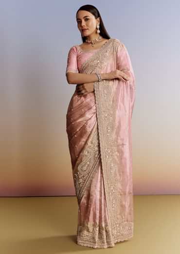 Pink Tissue Saree With Zardosi Moti And Cutdana Blouse