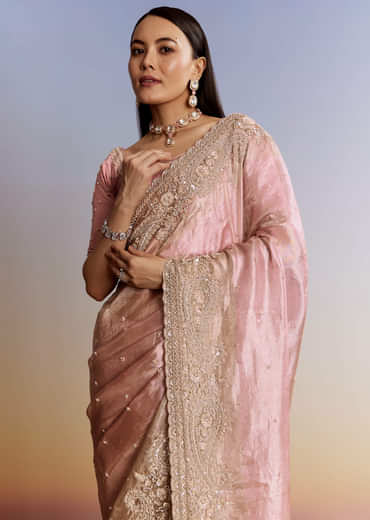 Pink Tissue Saree With Zardosi Moti And Cutdana Blouse