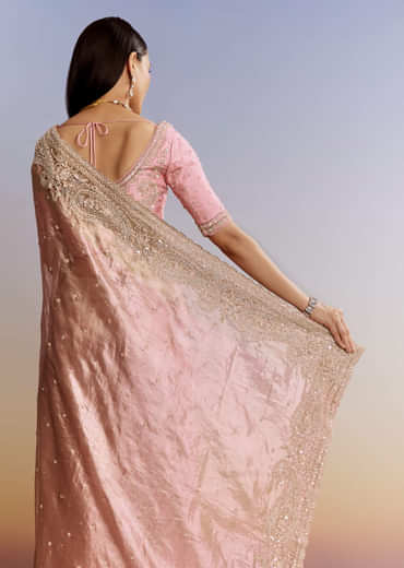 Pink Tissue Saree With Zardosi Moti And Cutdana Blouse
