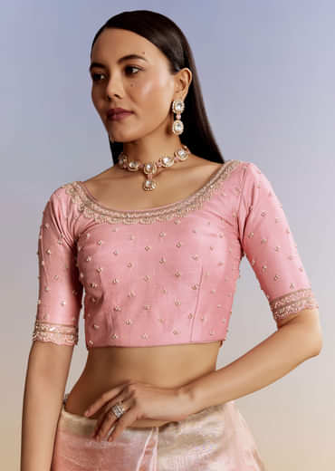 Pink Tissue Saree With Zardosi Moti And Cutdana Blouse