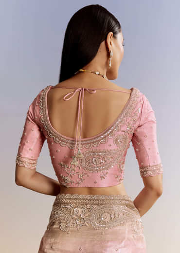 Pink Tissue Saree With Zardosi Moti And Cutdana Blouse