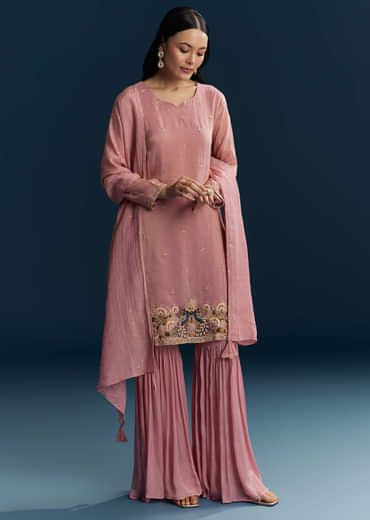 Pink Tissue Sharara Suit With Zardosi And Thread Work