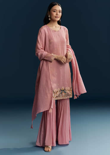 Pink Tissue Sharara Suit With Zardosi And Thread Work