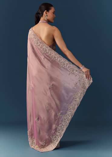 Pink Tissue Silk Embroidered Saree with Blouse Fabric