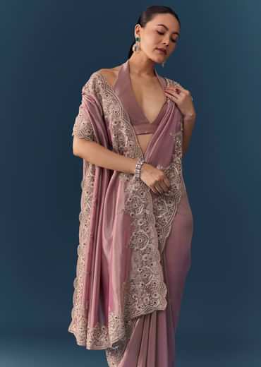 Pink Tissue Silk Embroidered Saree with Blouse Fabric