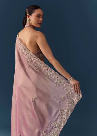 Pink Tissue Silk Embroidered Saree with Blouse Fabric