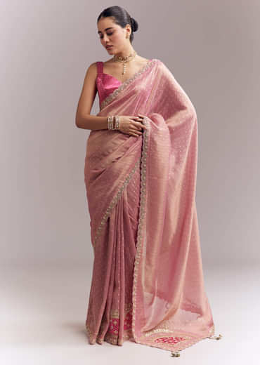 Pink Tissue Silk Saree With Delicate Hand Embroidery
