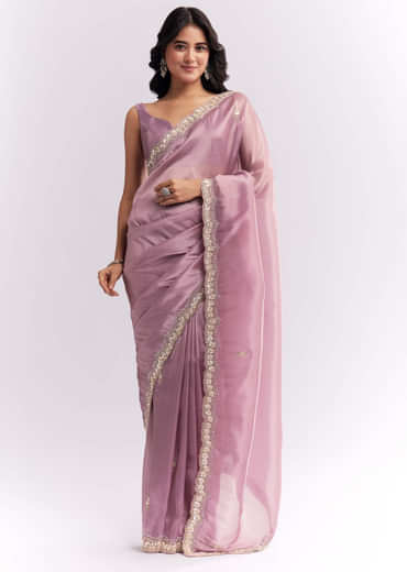 Pink Tissue Silk Saree With Heavy Hand Embroidery