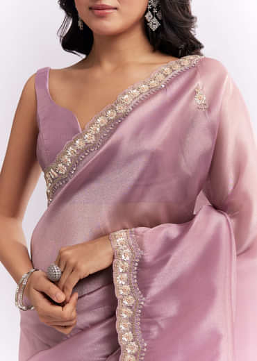 Pink Tissue Silk Saree With Heavy Hand Embroidery