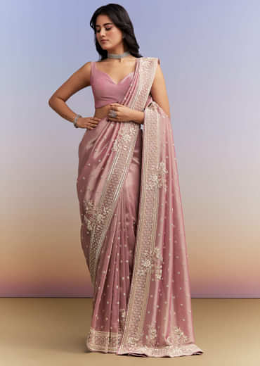 Pink Tissue Silk Saree With Heavy Hand Work