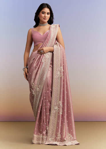 Pink Tissue Silk Saree With Heavy Hand Work